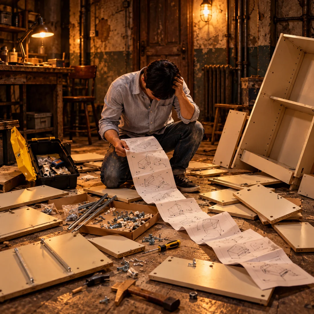 Dramatised flatpack disaster in a creaky workshop